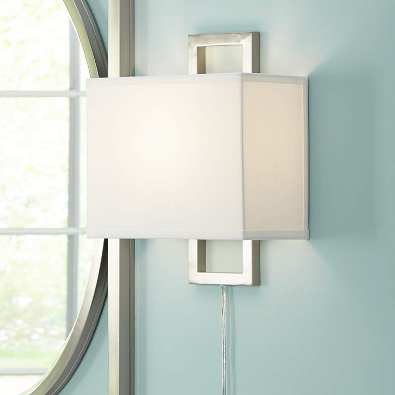 Image 1 Possini Euro Aundria Rectangular Brushed Nickel Modern Plug-In Wall Lamp