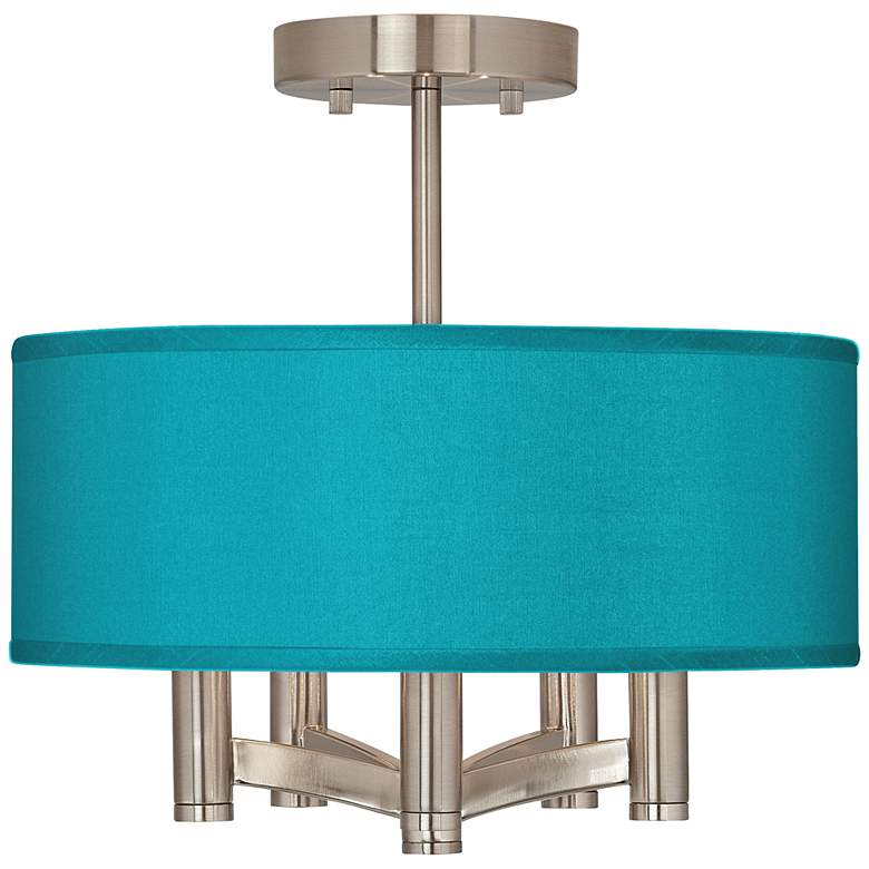 Image 1 Possini Euro Ava 14 inch Teal Blue Faux Silk 5-Light Nickel Ceiling Light