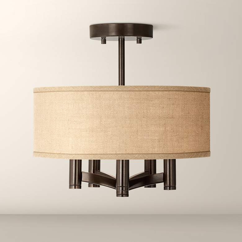 Image 1 Possini Euro Ava 14" Wide 5-Light Bronze Woven Burlap Ceiling Light