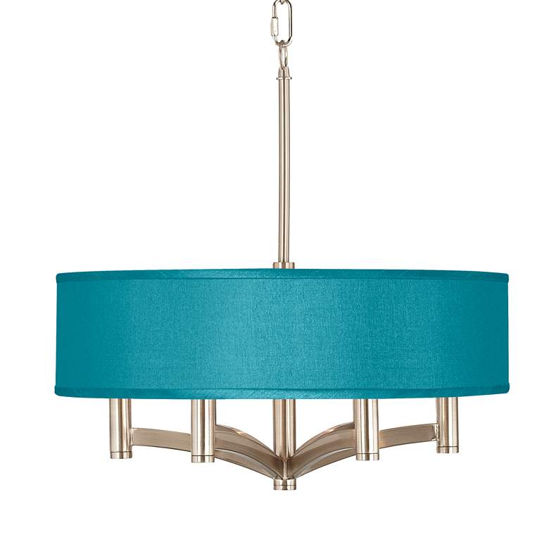 Image 1 Possini Euro Ava 20 inch Teal Blue Faux Silk 6-Light Nickel Chandelier