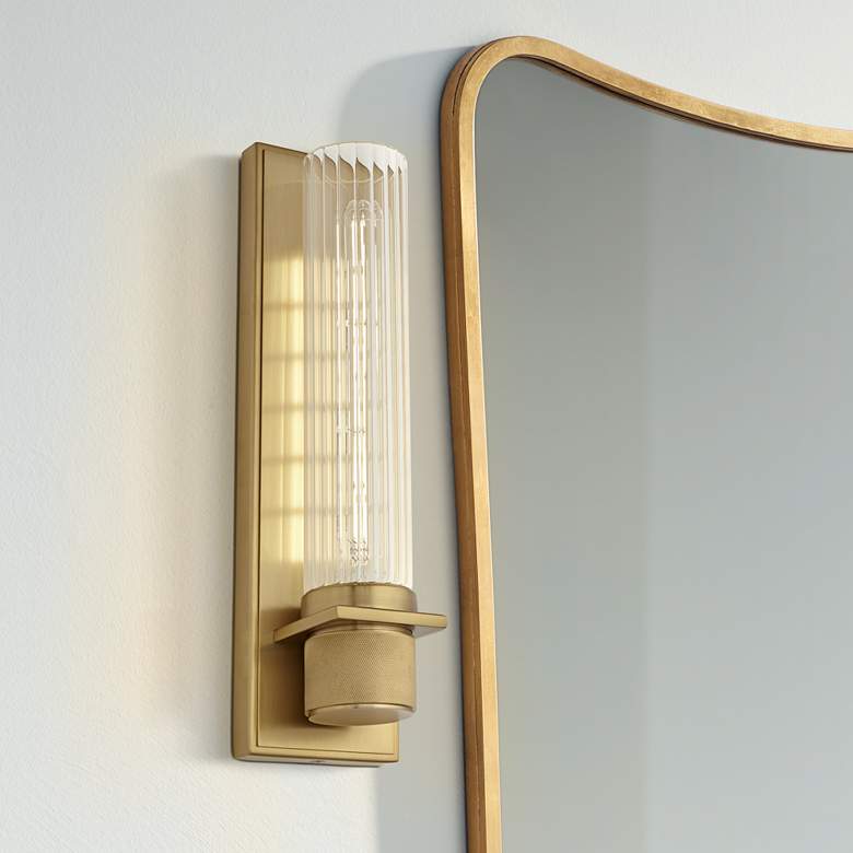 Image 1 Possini Euro Bailey 16" High Brass and Ribbed Clear Glass Wall Sconce