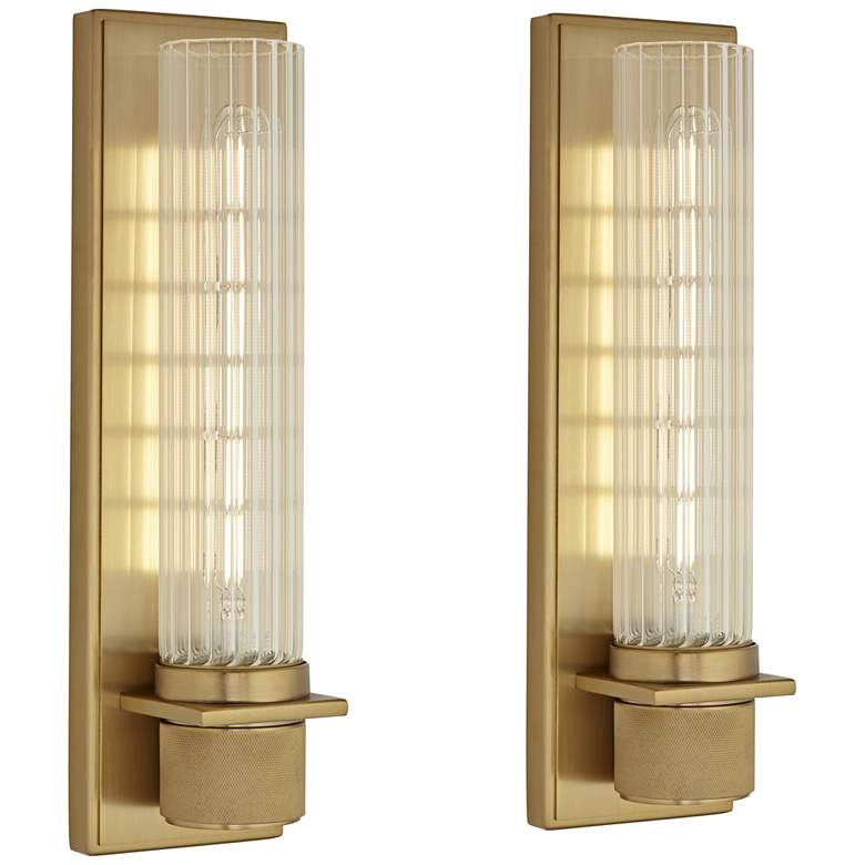 Image 3 Possini Euro Bailey 16"H Brass and Ribbed Glass Wall Sconce Set of 2