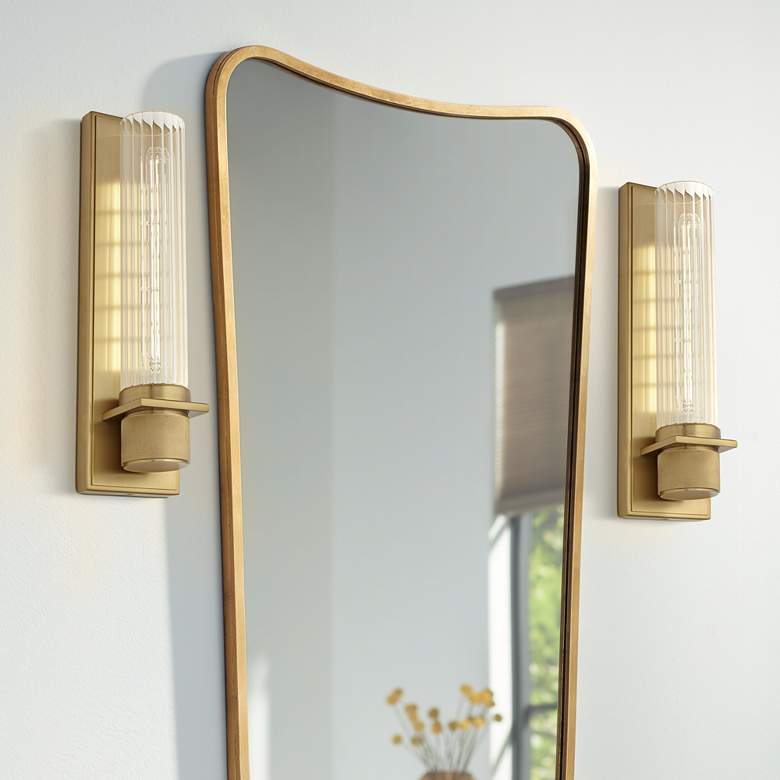 Image 2 Possini Euro Bailey 16"H Brass and Ribbed Glass Wall Sconce Set of 2