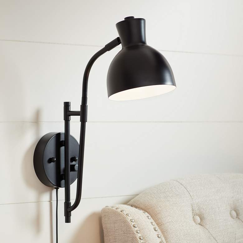 Image 1 Possini Euro Ballard 18 1/4 inch High Black Swing Arm Plug-In Wall Lamp