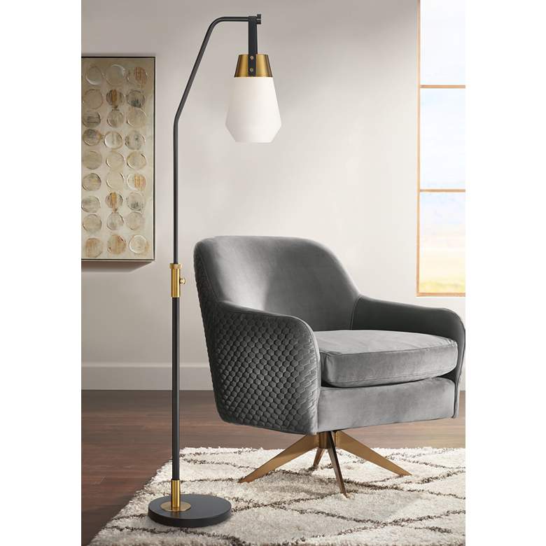 Image 1 Possini Euro Baltar Black Gold Offset Arm Modern Chairside Arc Floor Lamp