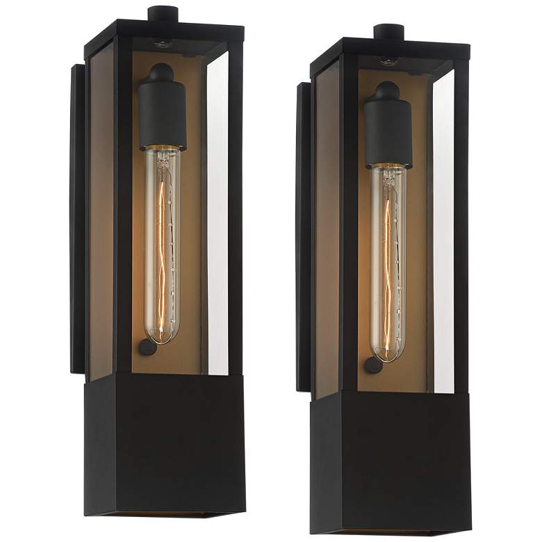 Image 2 Possini Euro Berk 16 inchH Black and Gold Box Outdoor Wall Light Set of 2