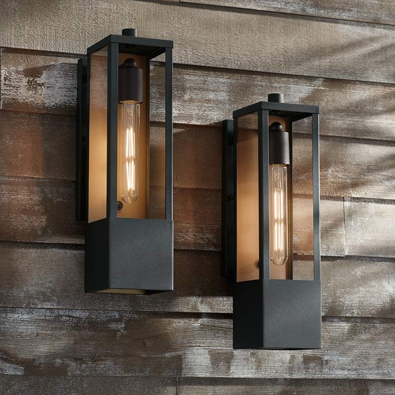 Image 1 Possini Euro Berk 16"H Black and Gold Box Outdoor Wall Light Set of 2