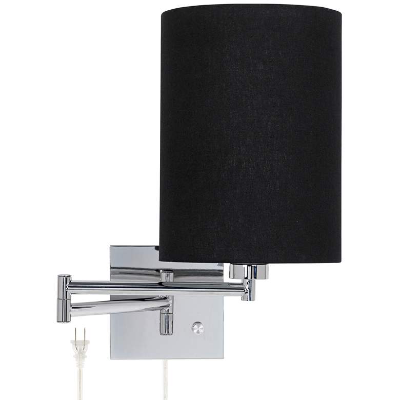 Image 1 Possini Euro Black Cylinder Shade Plug-In Swing Arm Wall Lamp