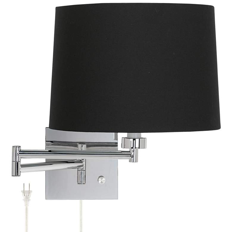 Image 1 Possini Euro Black Fabric Drum Shade Plug-In Swing Arm Wall Lamp