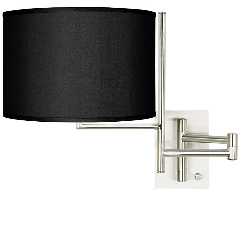 Image 1 Possini Euro Black Faux Silk Brushed Nickel Swing Arm Plug-In Wall Lamp