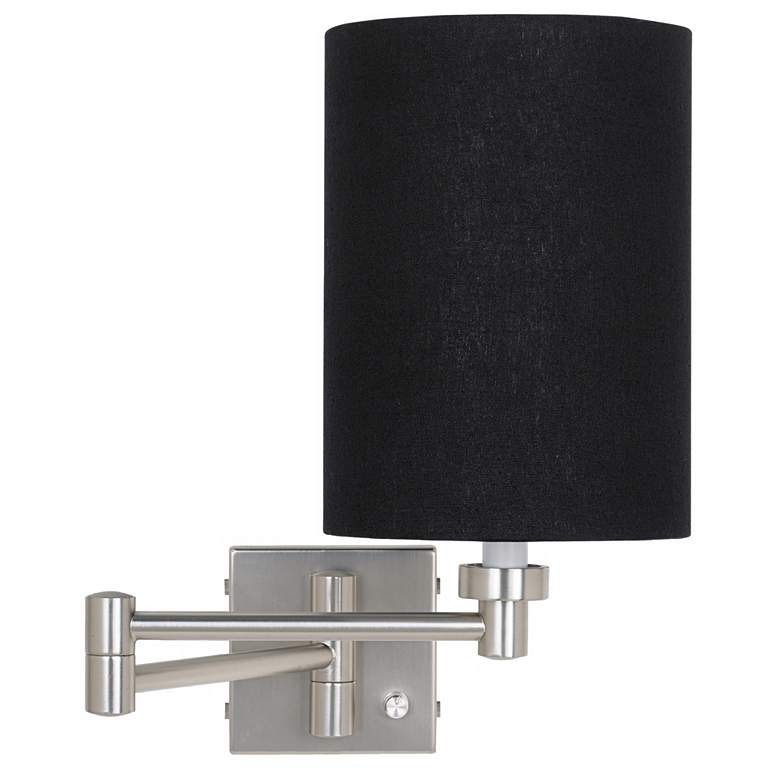 Image 1 Possini Euro Black Linen Cylinder Brushed Nickel Plug-In Style Swing Arm