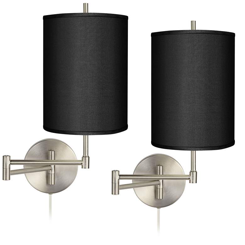 Image 1 Possini Euro Black Shade Nickel Plug-In Swing Arm Wall Lamps Set of 2