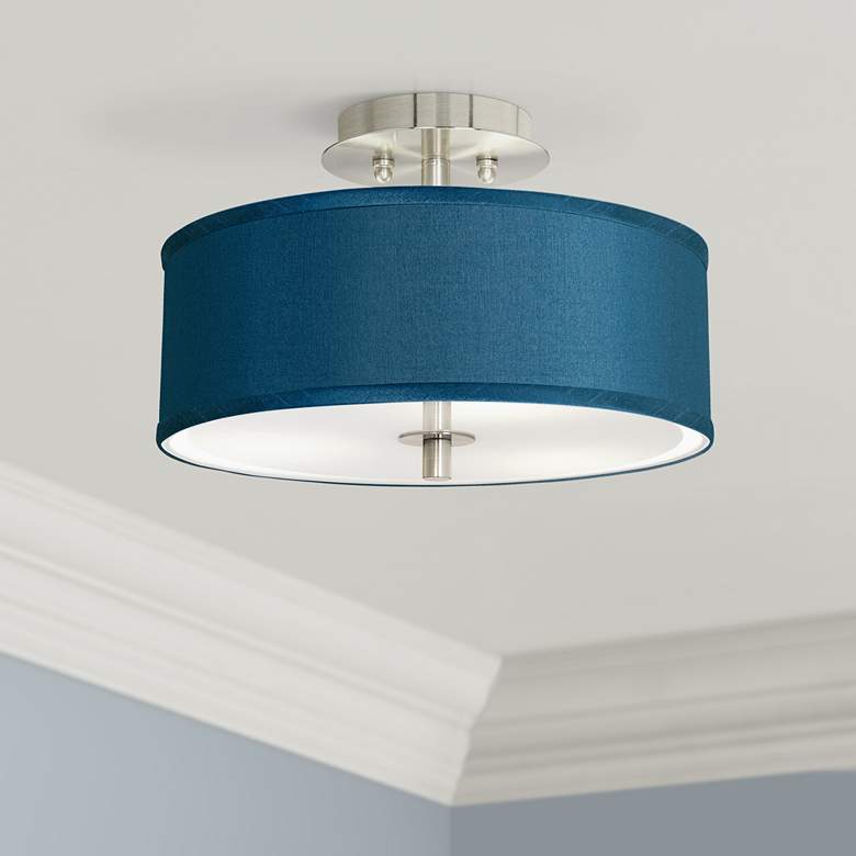 Image 1 Possini Euro Blue Faux Silk 14" Wide Modern Nickel Ceiling Light