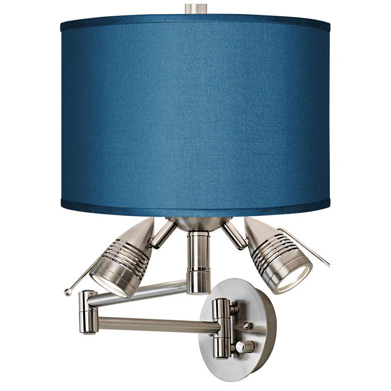 Image 1 Possini Euro Blue Faux Silk Brushed Nickel Plug-In Swing Arm Wall Lamp
