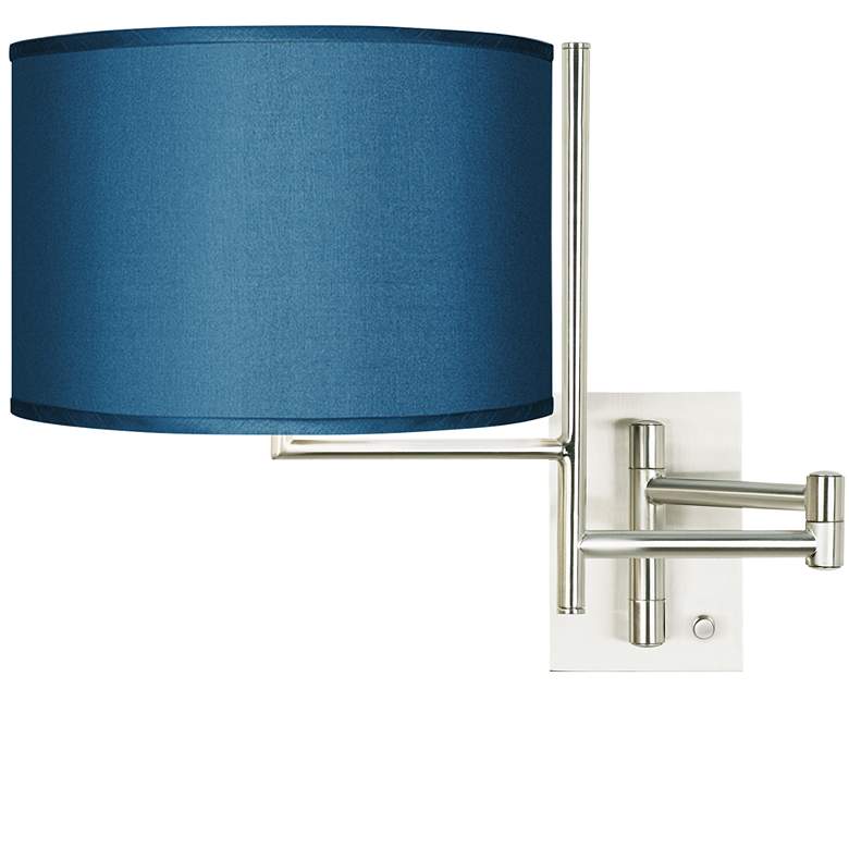 Image 1 Possini Euro Blue Faux Silk Brushed Nickel Plug-In Swing Arm Wall Lamp