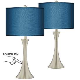Image1 of Possini Euro Blue Faux Silk Brushed Nickel Touch Table Lamps Set of 2