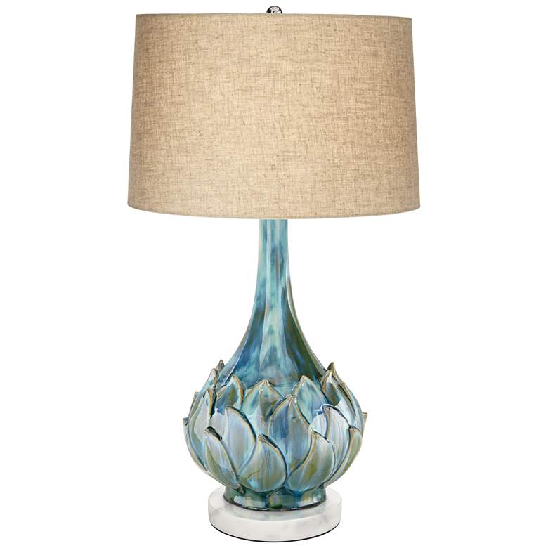 Image 1 Possini Euro Blue Green Ceramic Table Lamp with Round White Marble Riser