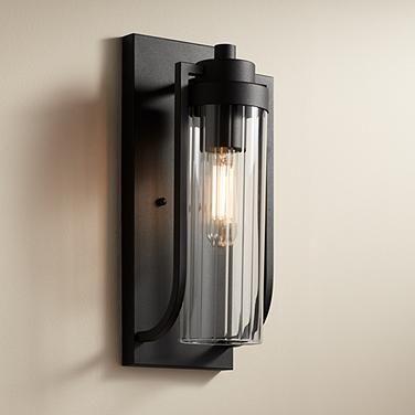 Possini Euro Bogata 15 1/2" High Black and Ribbed Glass Wall Sconce