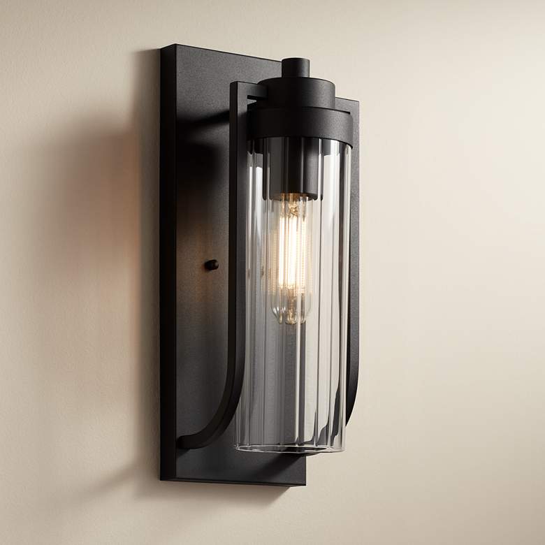 Image 1 Possini Euro Bogata 15 1/2" High Black and Ribbed Glass Wall Sconce