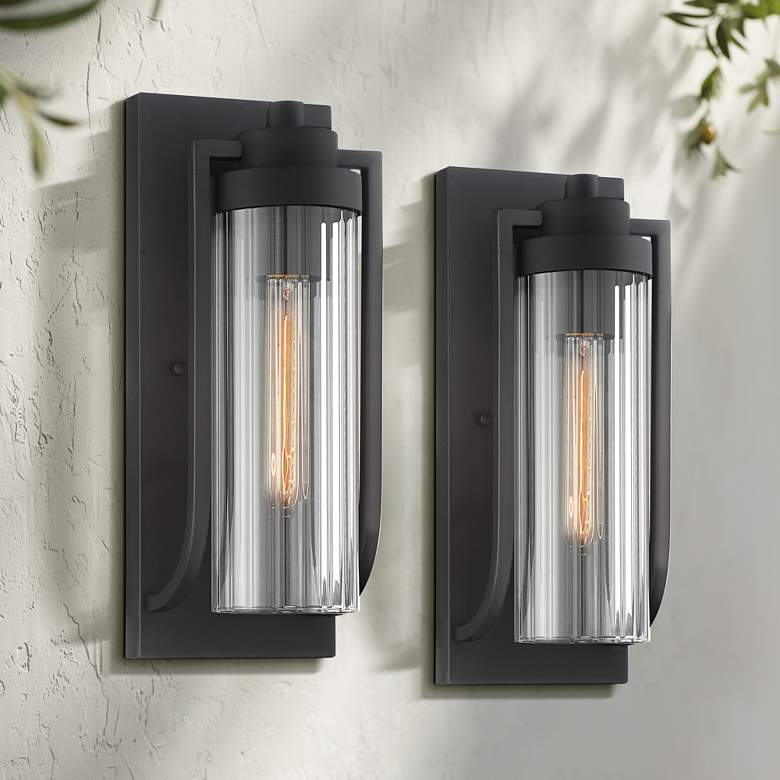 Image 1 Possini Euro Bogata 15 1/2" Ribbed Glass Outdoor Wall Lights Set of 2