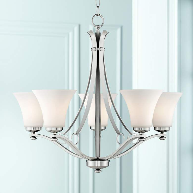 Image 1 Possini Euro Bollyn 26 1/2 inch Nickel and White Glass 5-Light Chandelier