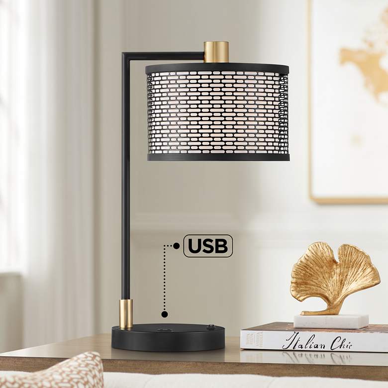 Image 1 Possini Euro Bramble Black and Warm Gold Desk Lamp with Dual USB Ports