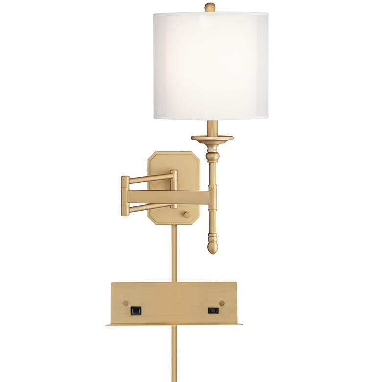 Image 1 Possini Euro Brass Swing-Arm Plug-In Wall Lamp with USB-Outlet Wall Shelf