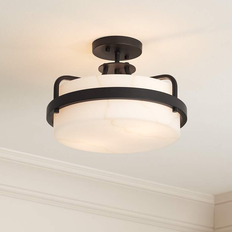 Image 1 Possini Euro Bregman 13"W Black Ceiling Light w/ Stone Glass