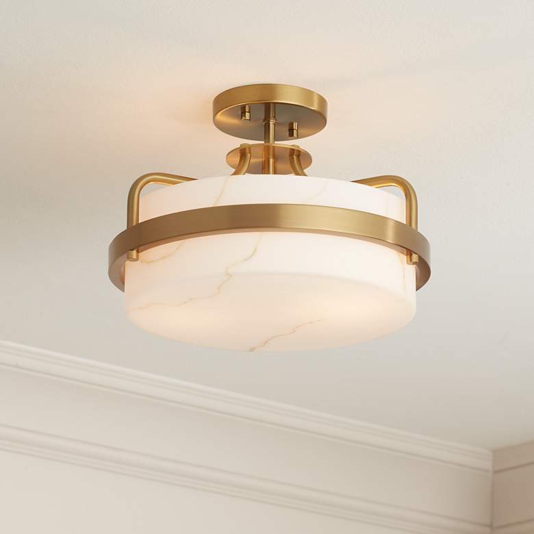 Image 1 Possini Euro Bregman 13"W Brass Ceiling Light w/ Stone Glass
