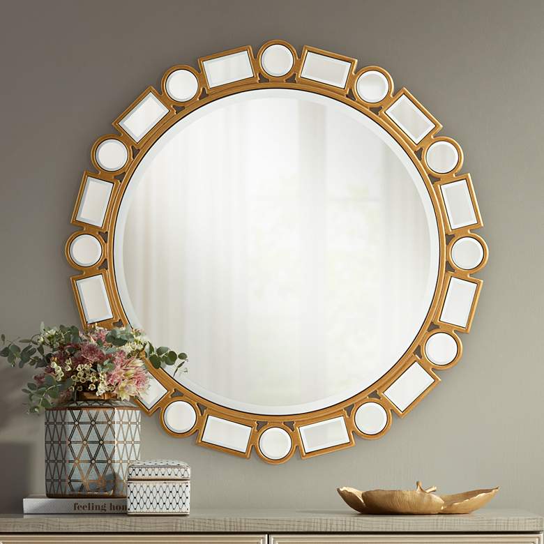 Image 1 Possini Euro Bria 30 3/4 inch Antique Gold Round Wall Mirror