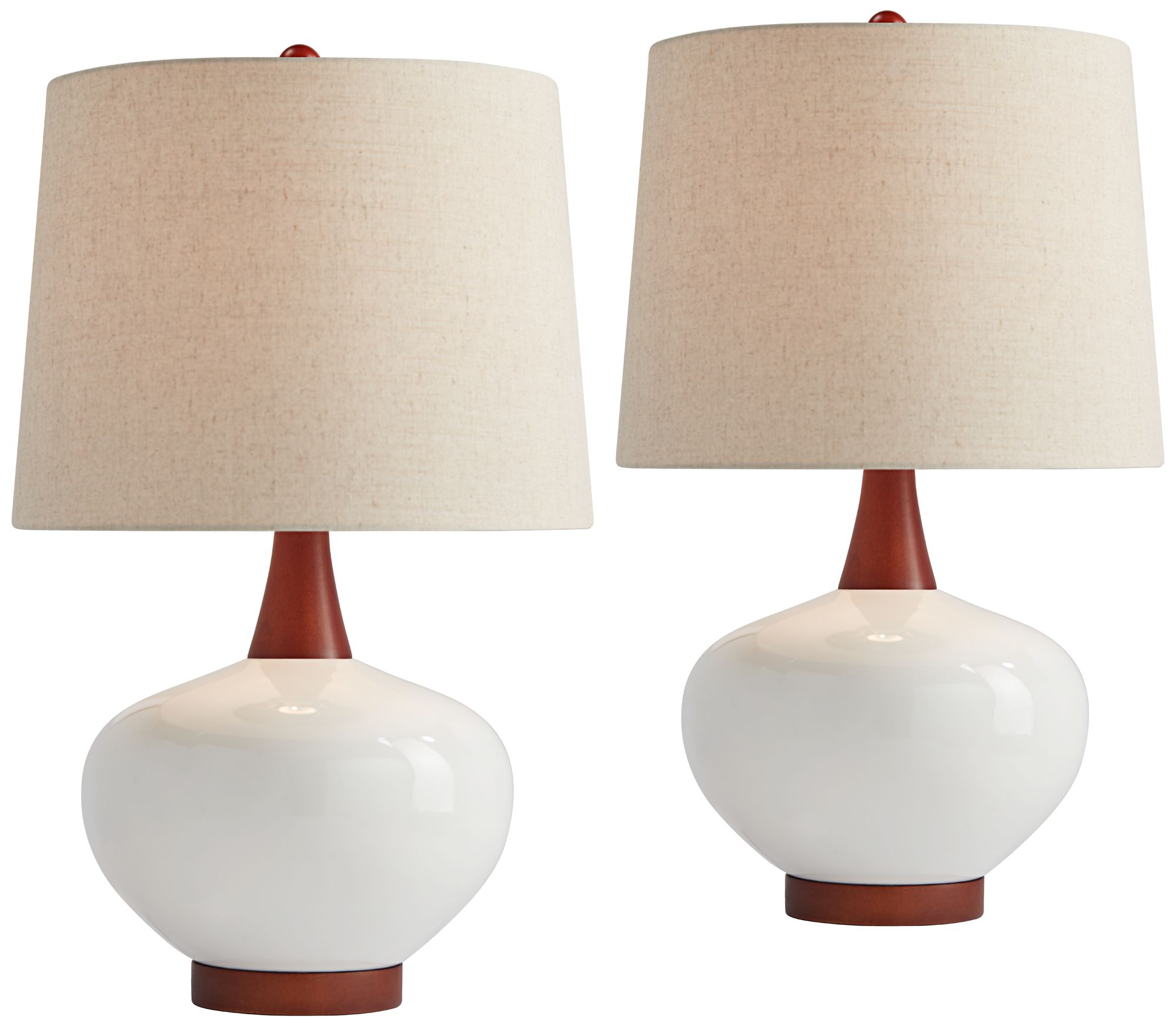 Possini Euro Brice Ivory and Wood Mid-Century Ceramic Lamps Set of 2