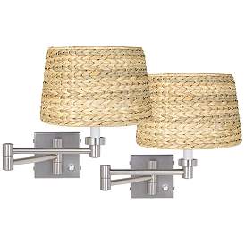 Image1 of Possini Euro Brushed Nickel and Woven Shade Swing Arm Wall Lamps Set of 2