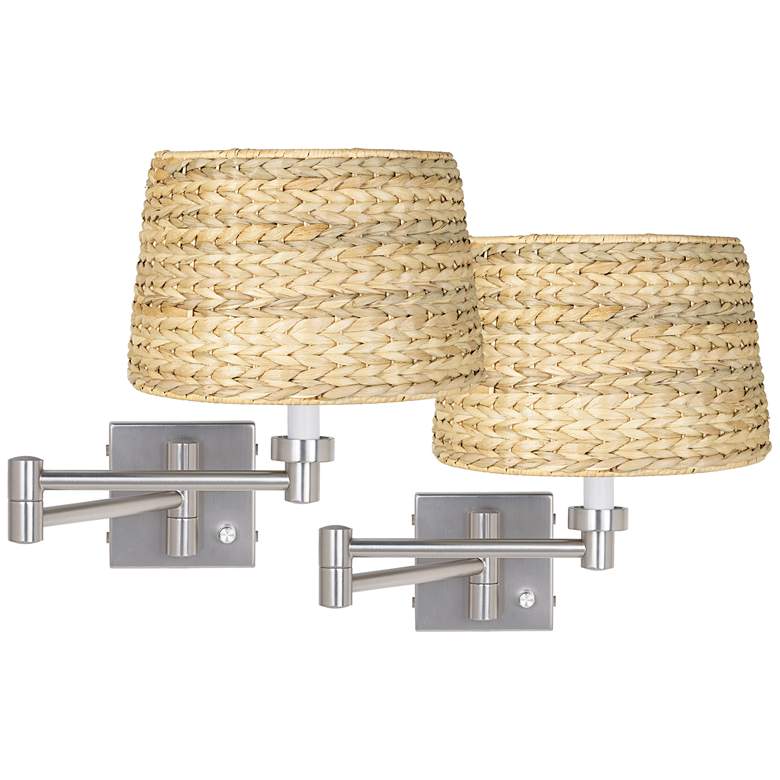 Image 1 Possini Euro Brushed Nickel and Woven Shade Swing Arm Wall Lamps Set of 2