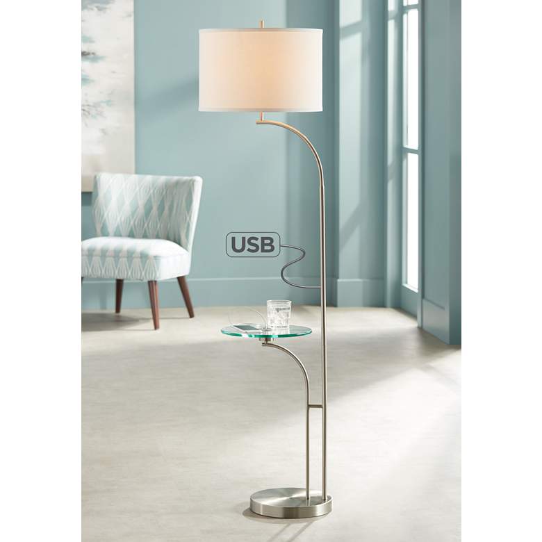 Image 1 Possini Euro Brushed Nickel Modern Floor Lamp with USB Port