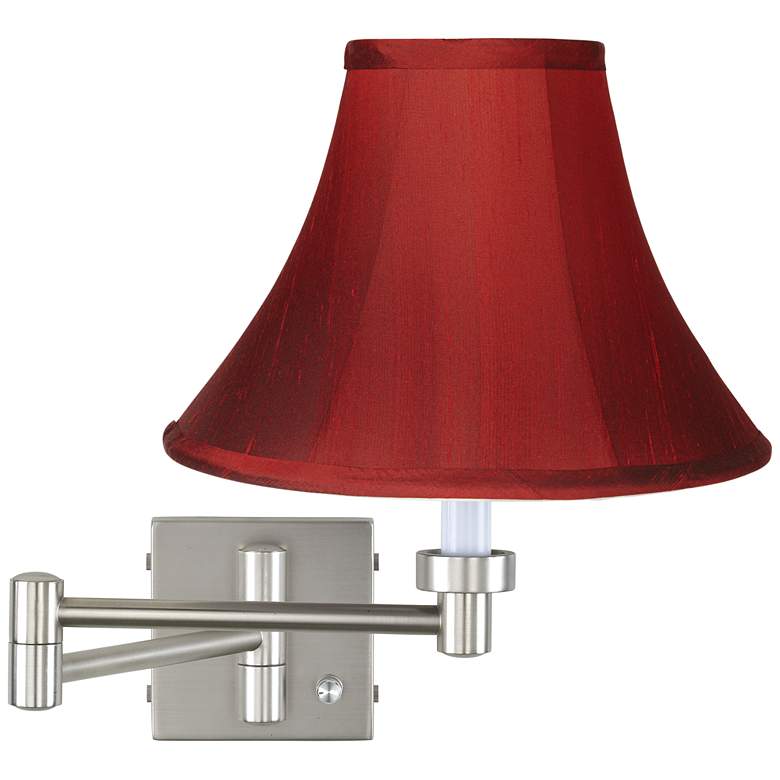 Image 1 Possini Euro Brushed Nickel Red Silk Shade Plug-In Swing Arm Wall Lamp