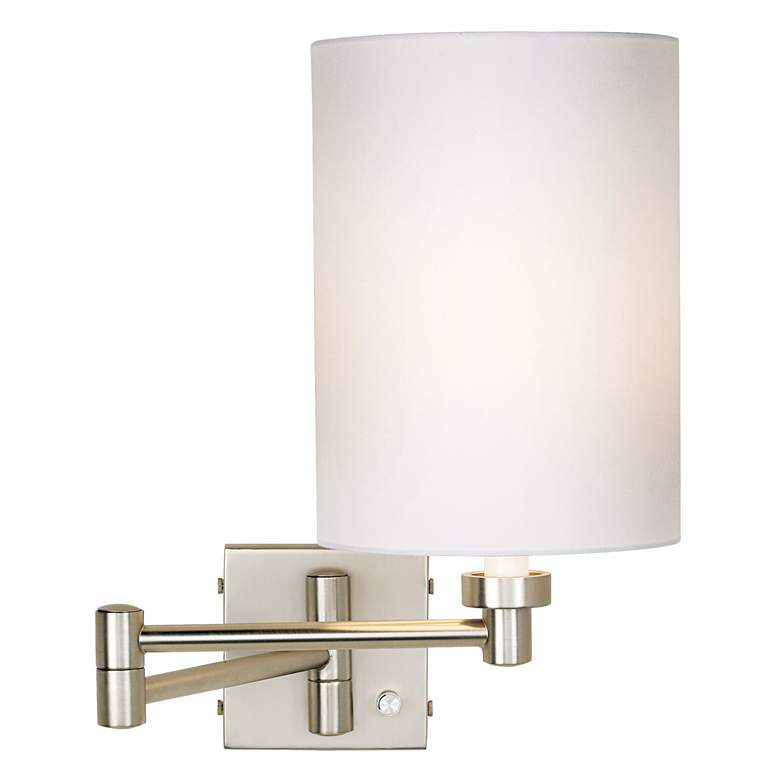 Image 1 Possini Euro Brushed Nickel White Cylinder Plug-In Swing Arm Wall Lamp