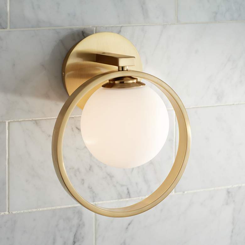 Image 1 Possini Euro Bryony 11 1/4 inch High Brass and White Globe Wall Sconce