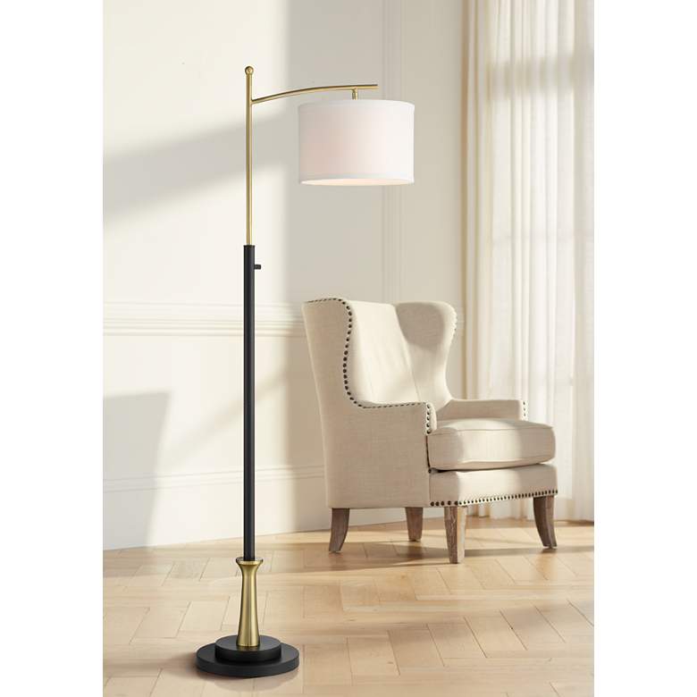 Image 1 Possini Euro Burbank 64 inch Black and Brass Downbridge Floor Lamp