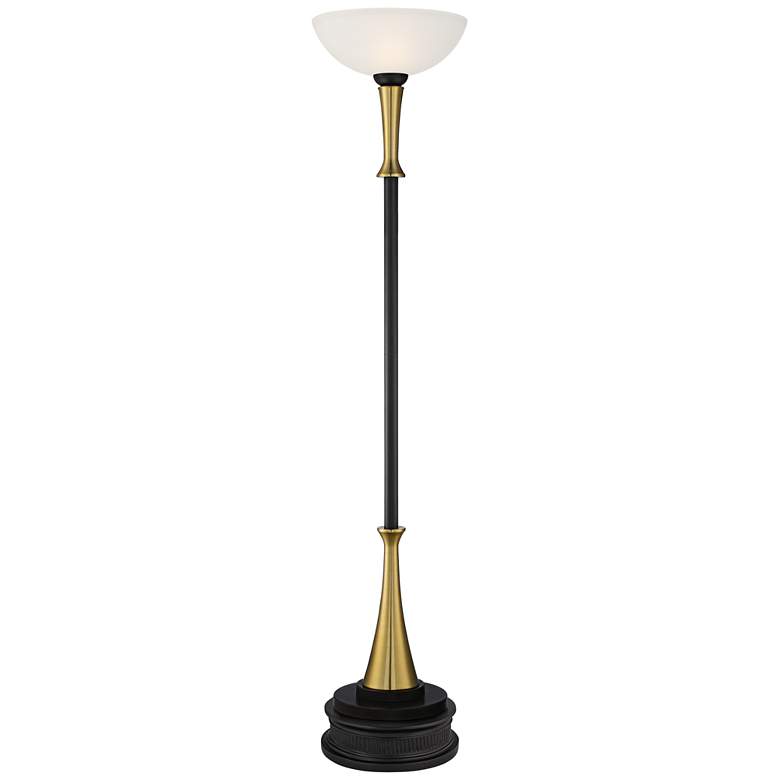 Image 1 Possini Euro Burbank Black and Brass Torchiere Floor Lamp with Black Riser
