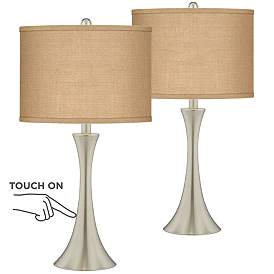 Image1 of Possini Euro Burlap Shade Brushed Nickel Touch Table Lamps Set of 2