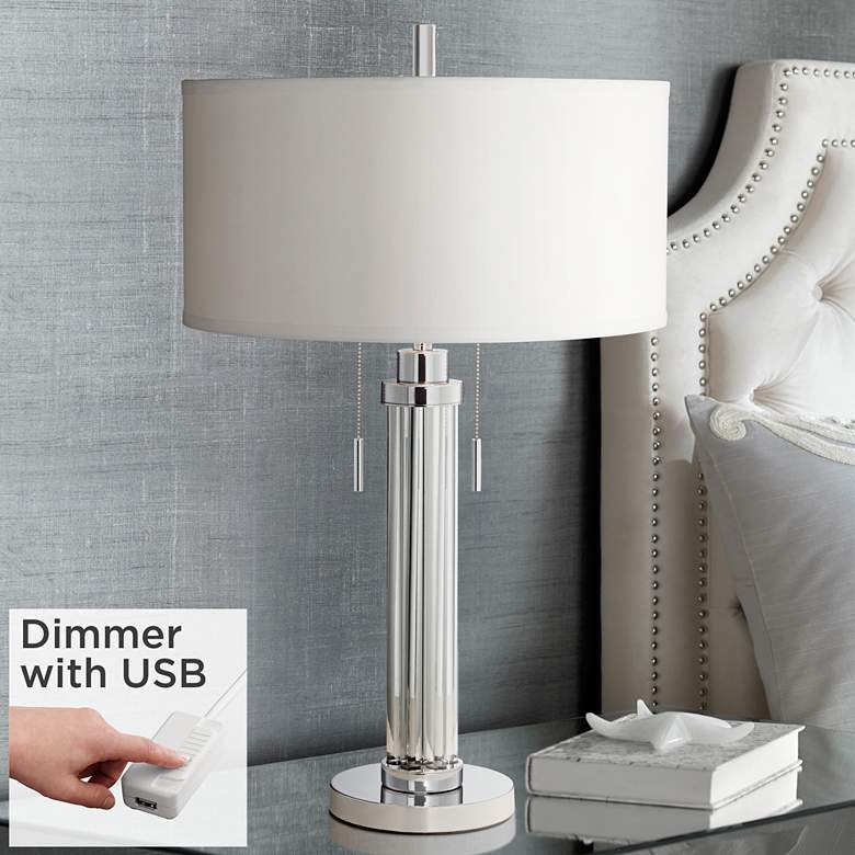 Image 1 Possini Euro Cadence Glass Column Table Lamp With USB Dimmer