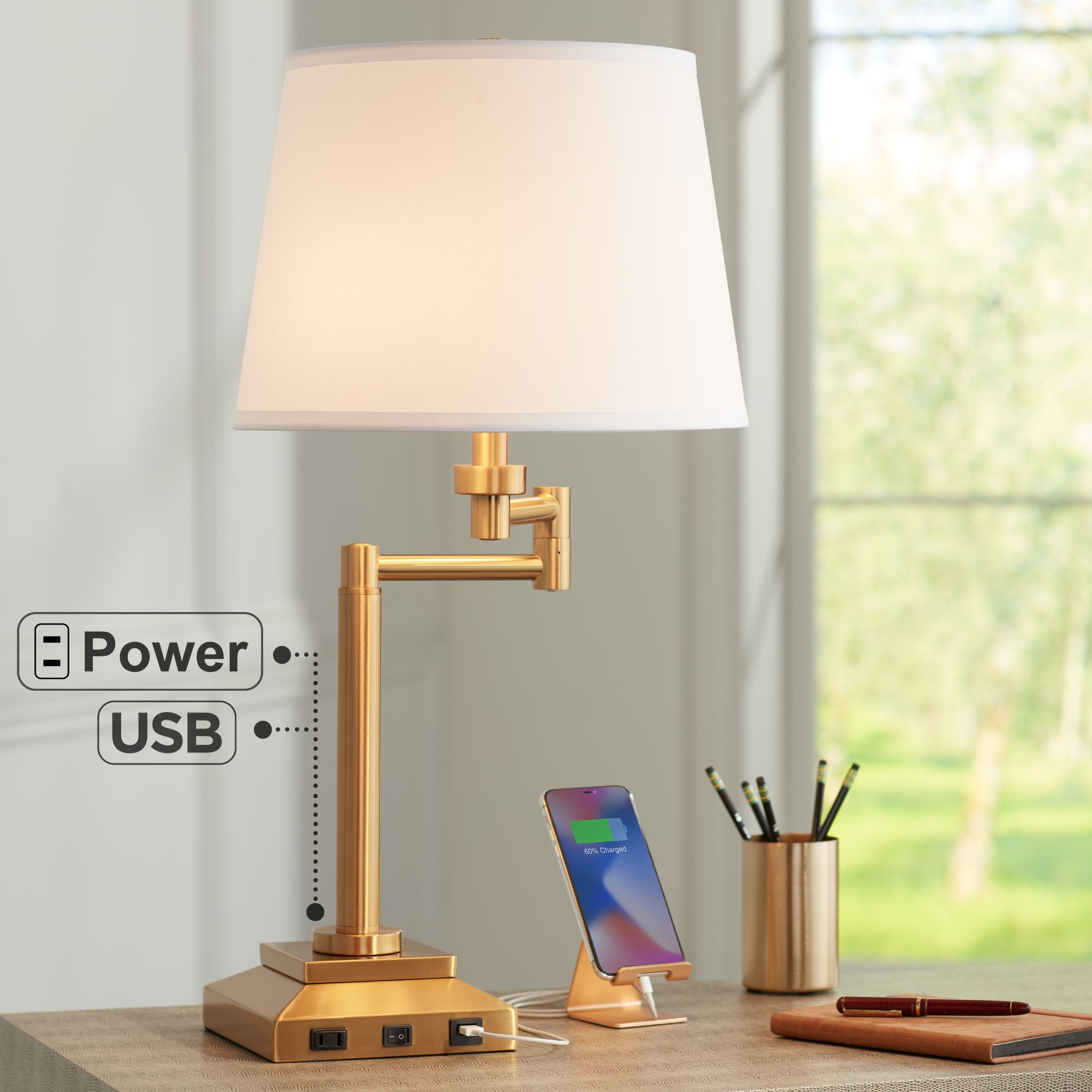 Possini Euro Camber Warm Gold Finish Swing Arm Outlet and USB Lamp