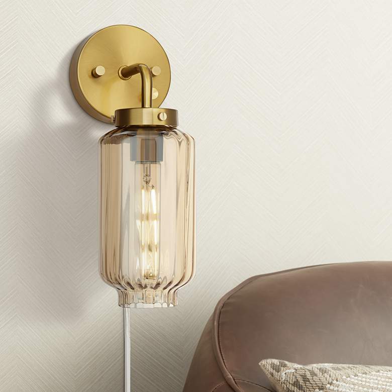 Image 1 Possini Euro Cambria Warm Gold and Champagne Glass Plug-In Wall Lamp