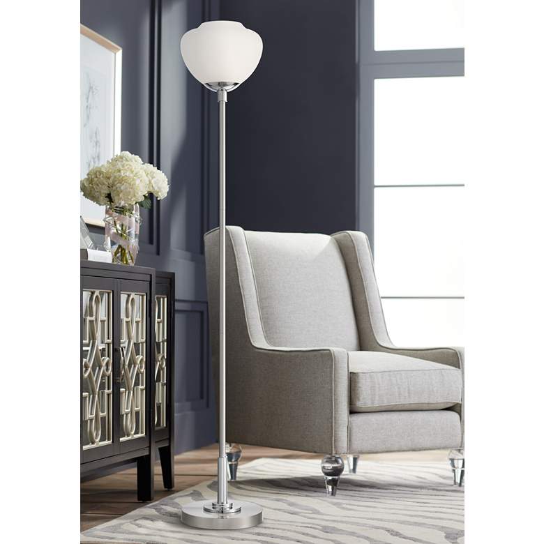 Image 1 Possini Euro Camden Brushed Nickel and White Glass Modern Torchiere Lamp