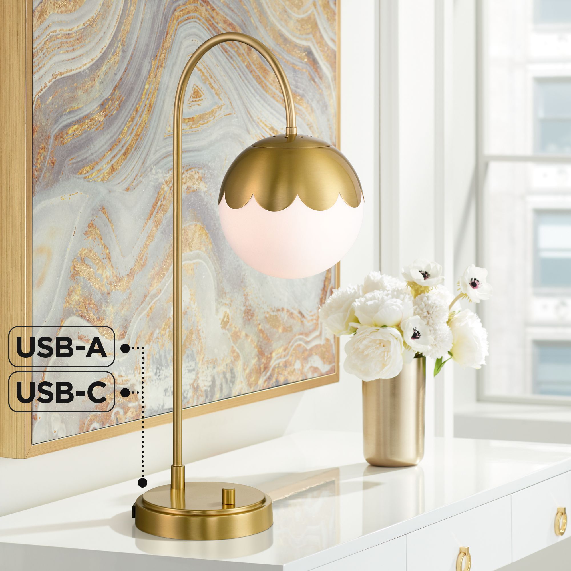 Watch A Video About the Camila Antique Brass Globe Lamp with USB and Outlet