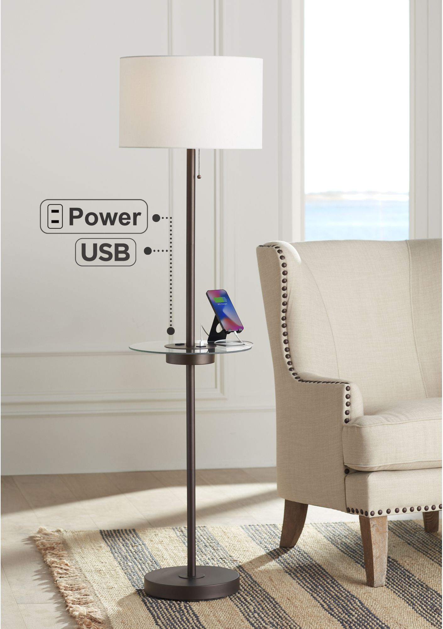 Possini Euro Caper 60 1/2" Bronze Table Floor Lamp with USB and Outlet in scene