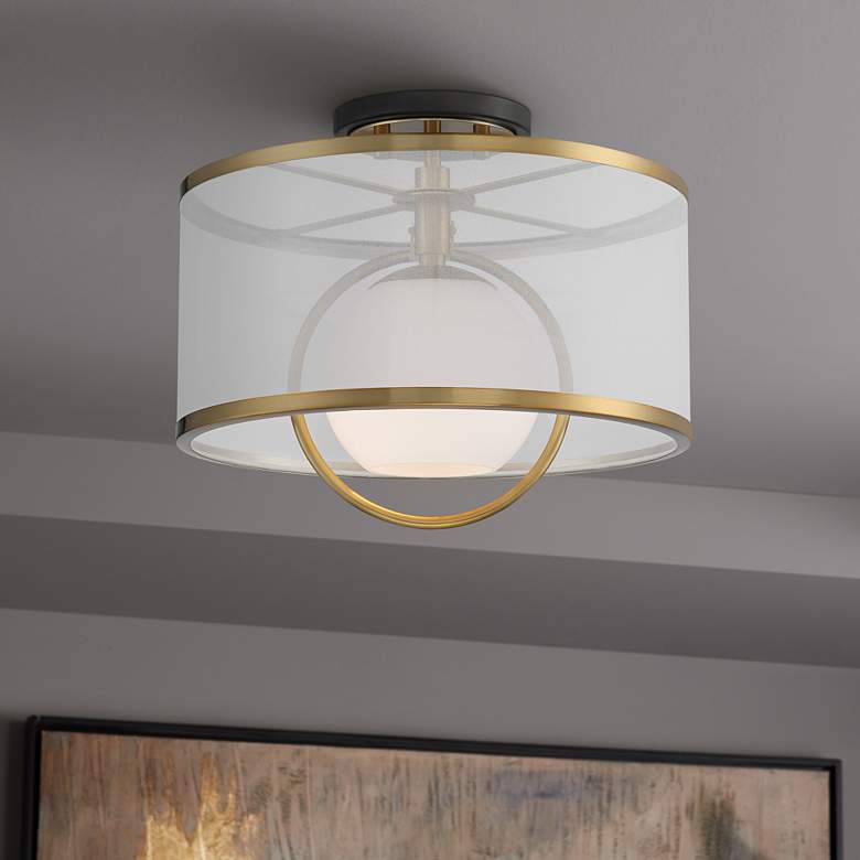 Image 1 Possini Euro Carlyn 14" Wide Sheer Shade and Brass Drum Ceiling Light