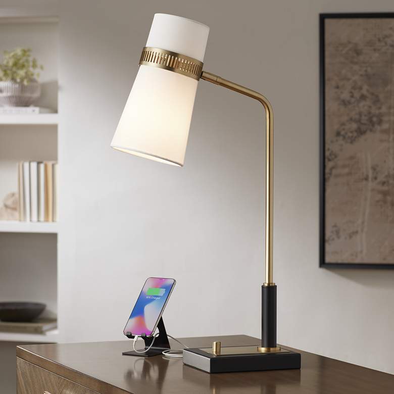 Image 1 Possini Euro Cartwright 32 inch  Antique Brass and Black USB Desk Lamp