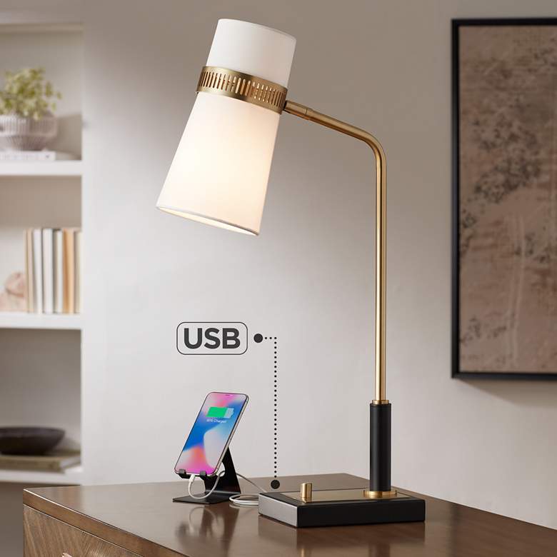 Possini Euro Cartwright Antique Brass and Black Desk Lamp with USB Port