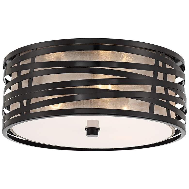 Image 2 Possini Euro Cassia 15 inch Gloss Black 3-Light Flushmount Ceiling Light